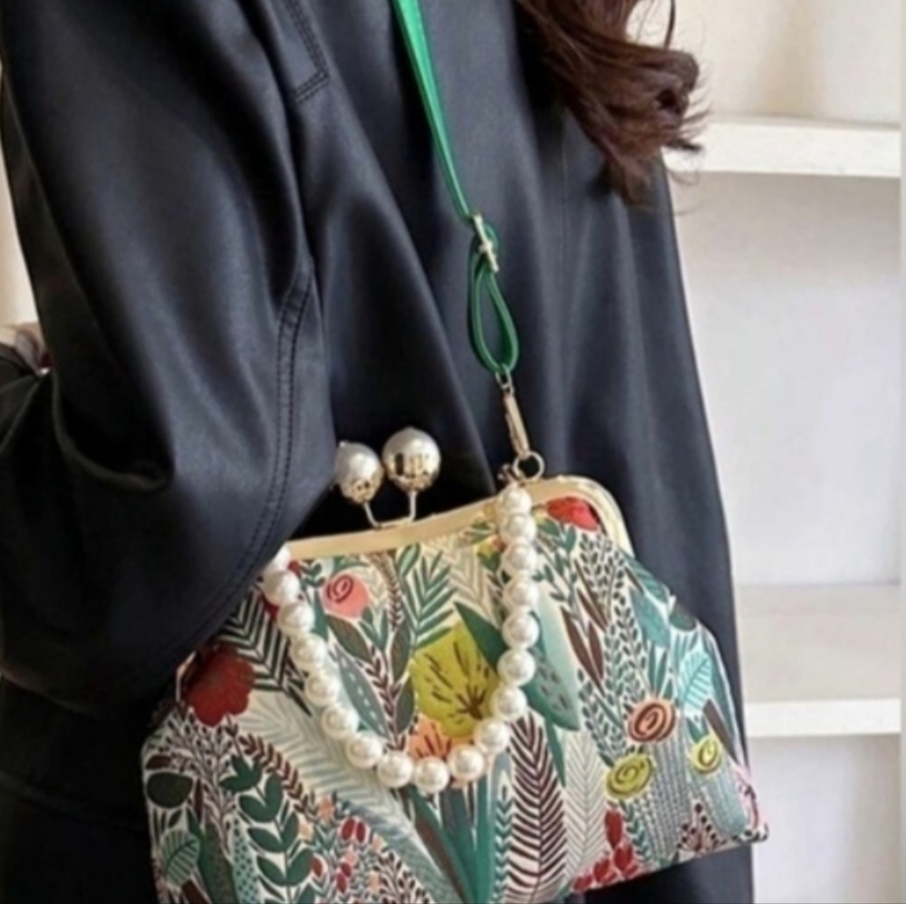 Floral Embroidered Kisslock Pearl Clutch Handbag Vintage Style Women's Purse - Picture 3 of 8